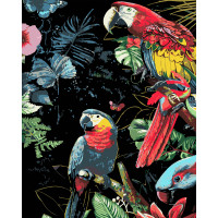 Набір для розпису по номерах Яскраві папуги Strateg на чорному фоні розміром 40х50 см (AH1201-19)