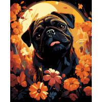 Набір для розпису по номерах Мопс у квітах Strateg на чорному фоні розміром 40х50 см (AH1228-18)