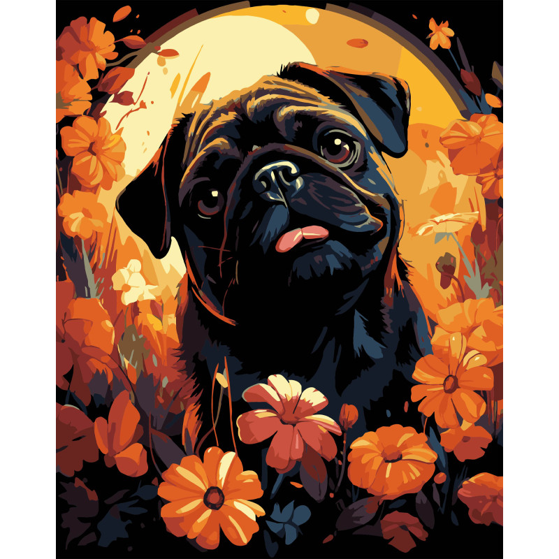 Набір для розпису по номерах Мопс у квітах Strateg на чорному фоні розміром 40х50 см (AH1228-18)