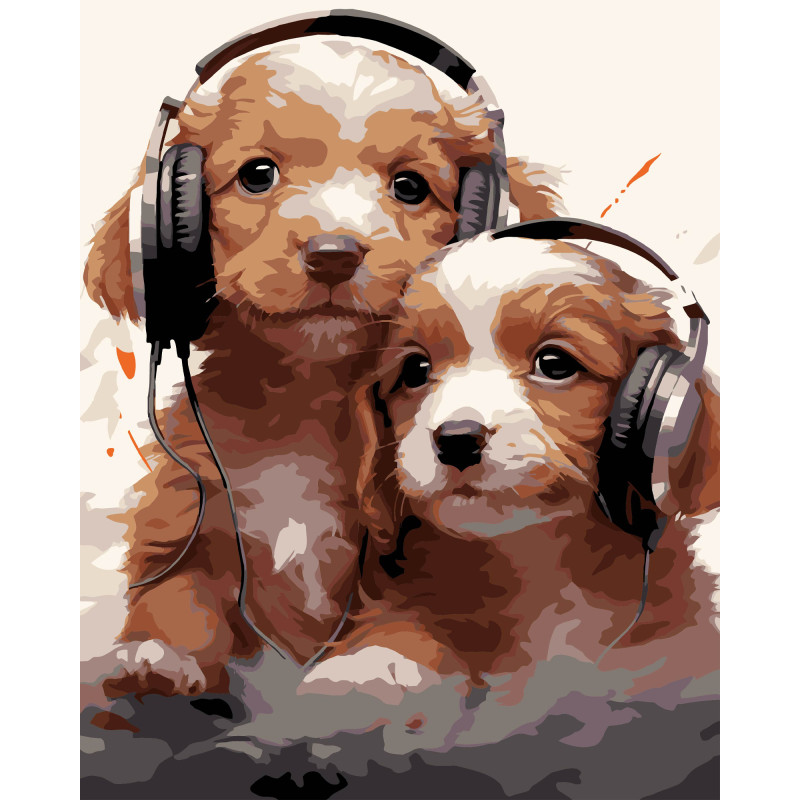 Набір для розпису по номерах Цуценята в навушниках Strateg на чорн. фоні розміром 40х50 см AH1218-19 Набір для розпису по номерах Цуценята в навушниках Strateg на чорн. фоні розміром 40х50 см AH1218-19