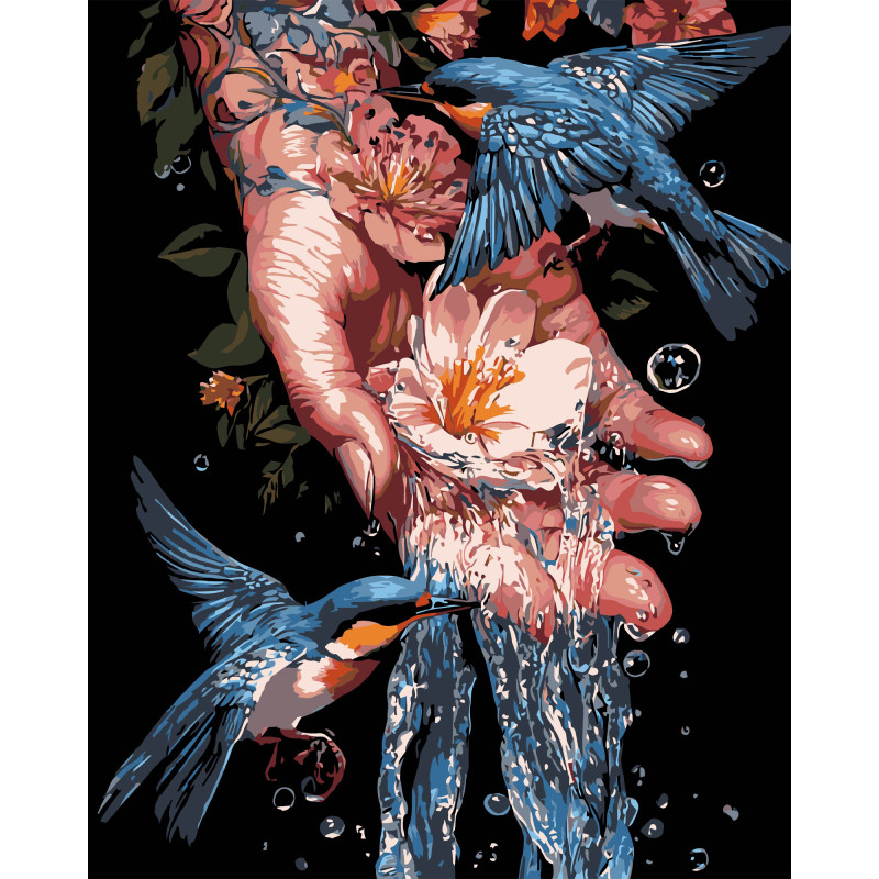 Набір для розпису по номерах Сині птахи Strateg на чорному фоні розміром 40х50 см (AH1204-17) Набір для розпису по номерах Сині птахи Strateg на чорному фоні розміром 40х50 см (AH1204-17)
