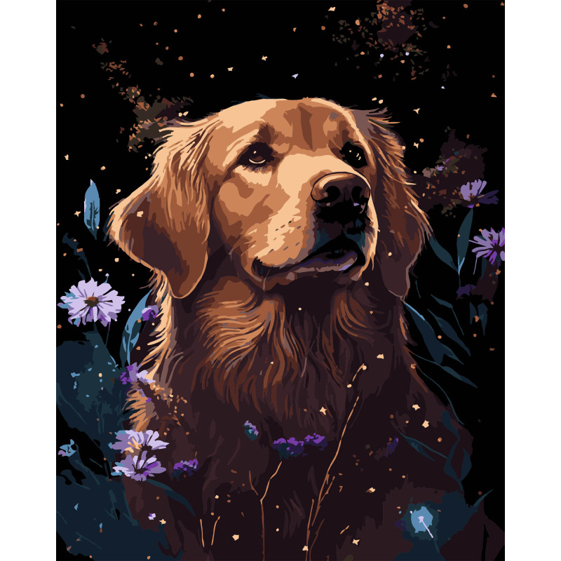 Набір для розпису по номерах Ретривер у квітах Strateg на чорному фоні розміром 40х50 см (AH1207-17) Набір для розпису по номерах Ретривер у квітах Strateg на чорному фоні розміром 40х50 см (AH1207-17)