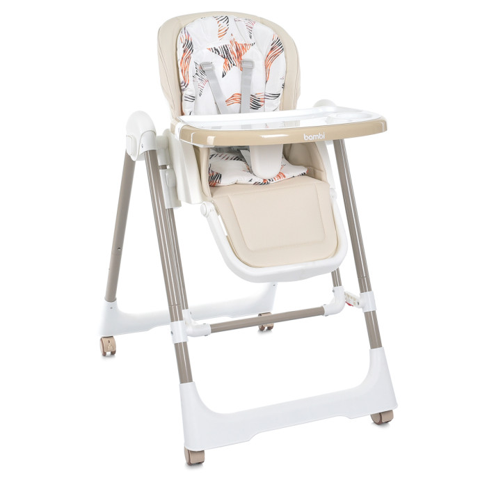 Стільчик M 5897 Beige (1шт) для годування 2в1 з механичним заколисуванням, 5-ти точ, матрац, екошкiра, бежевий