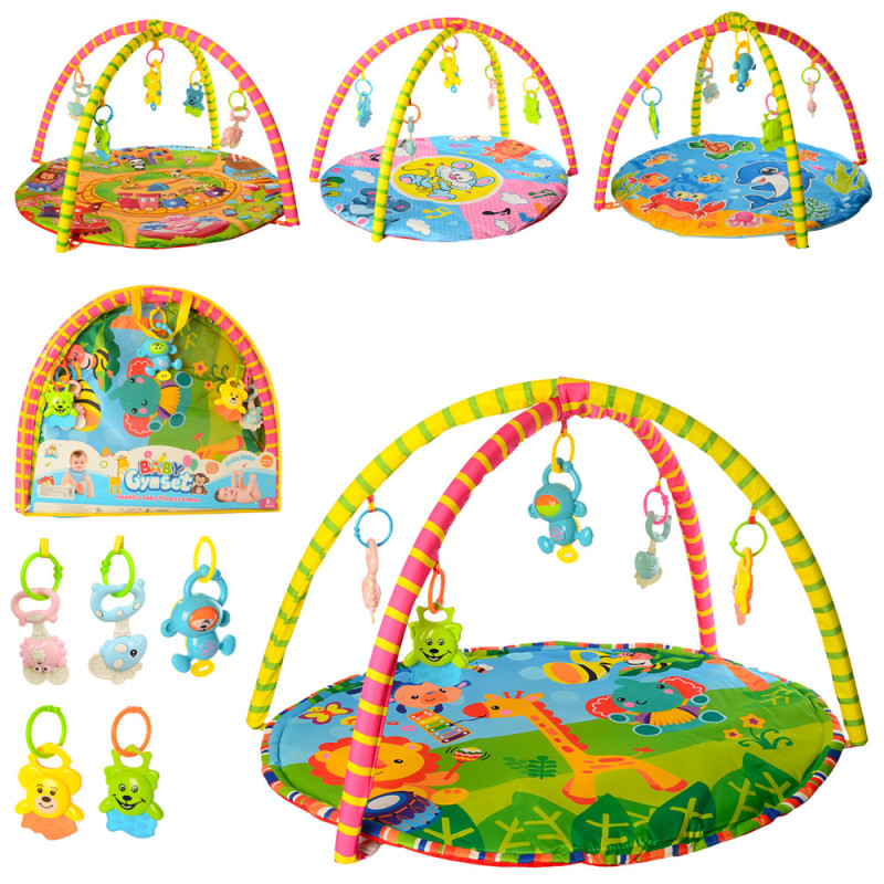 Килимок для немовляти 76-76-1см,дуга2шт,підвіски-брязкальце5шт,5в,в сумці, 61-54-5см /18/