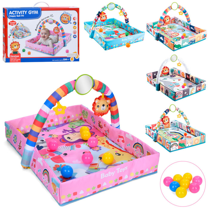 Килимок для немовляти 86-68см, 2в1(манеж, застібки липучки, 68-48см), дуга, підвіски 3шт (пискавка, дзеркало, прорізувач), кульки, 5 видів, в кор-ці, 58-41-7,5см /10/