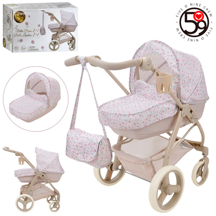 Коляска для ляльки, класика, д67,5-ш40,5-в74см, люлька д55-ш27-в13см(пластик), корзина, підсклянник, сумка, метал+пластик, в кор-ці, 56-35-22см /3/