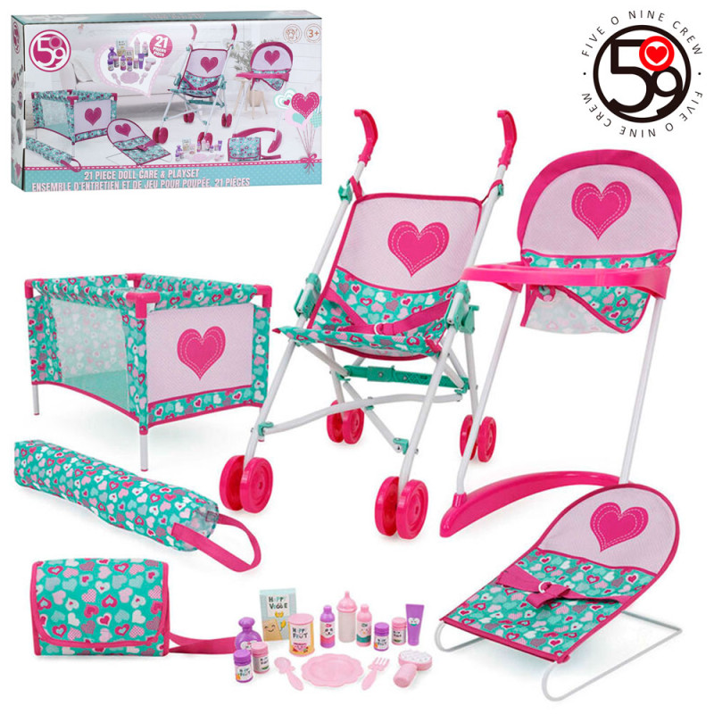 Набір гральний для ляльки, коляска прогулянкова, стільчик для годування д47-ш27,5-в54,5см, манеж, шезлонг д36-ш23,5-в17см, сумка, аксесуари, 21пр, метал+пластик, в кор-ці, 64-35,5-12,5см /4/