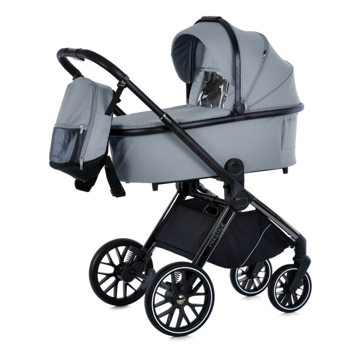 Коляска універсальна 2в1 ME 1124-2 PRESTIGE Frost Gray (1шт) люлька+прогул.блок,хром.рама, 2 дощовика, моск.сітка,рюкзак,алюмин, сірий