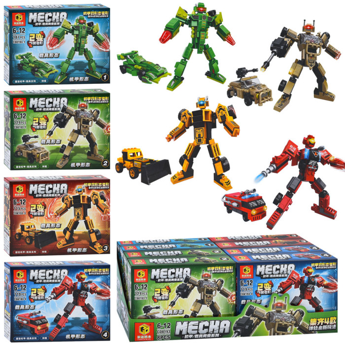 Конструктор 2в1(робот, транспорт), від 107дет, в кор-ці, (4види) /15/120/8шт в кор.38,5-14,5-7см