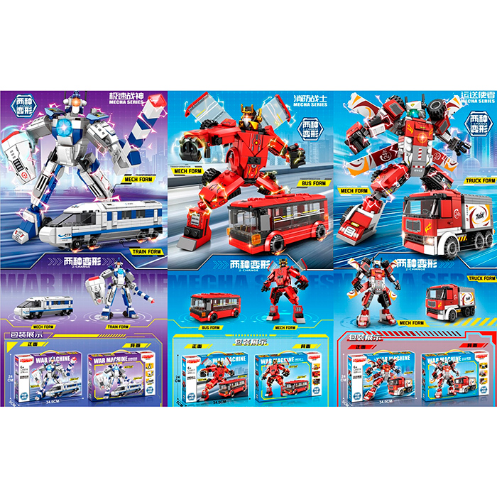 Конструктор робот+транспорт, 3 види(тролейбус 254дет, трейлер 220дет, поїзд 274дет), в кор-ці, 34,5-24-5см /40/