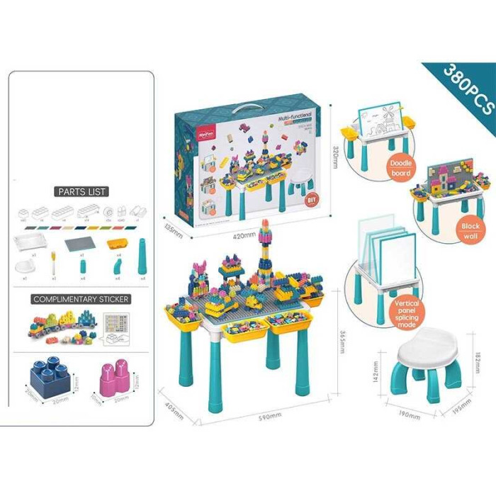 Столик з конструктором 380 дет. розмір столика: 59*40.5*36.5 см, стільчик, дошка для малювання, маркер “пиши-витирай”, в кор. /12/