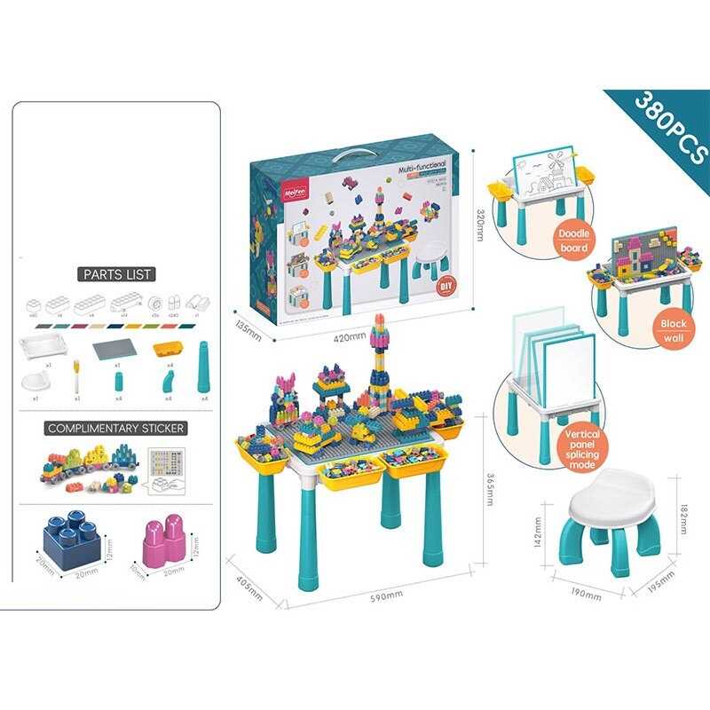 Столик з конструктором 380 дет. розмір столика: 59*40.5*36.5 см, стільчик, дошка для малювання, маркер “пиши-витирай”, в кор. /12/