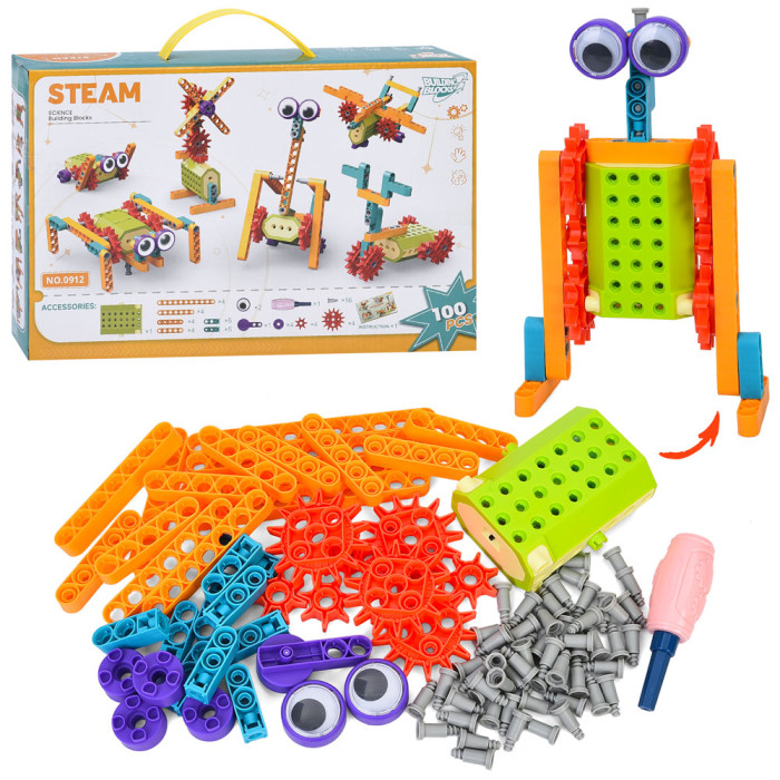 Конструктор робототехніка, великі деталі, викрутка, блок (рухлива деталь, на бат-ці), 100дет, в кор-ці, 34-22-6см /12/