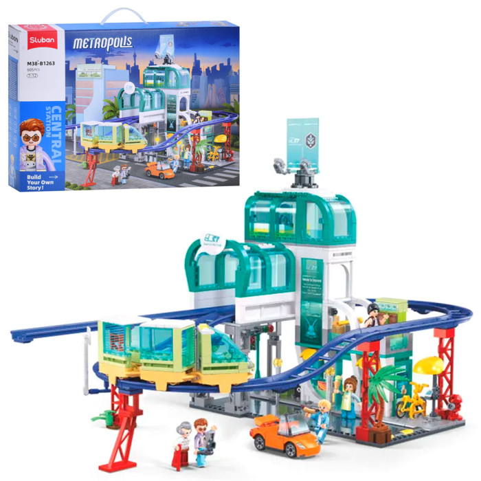 Конструктор SLUBAN ЖД/метро, 49,3см, потяг, машини, фігурки, 605дет, в кор-ці, 52-38-8см /8/