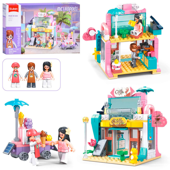 Конструктор SLUBAN рожева серія, кафе, фігурки, 242дет, в кор-ці, 38-24-7см /16/