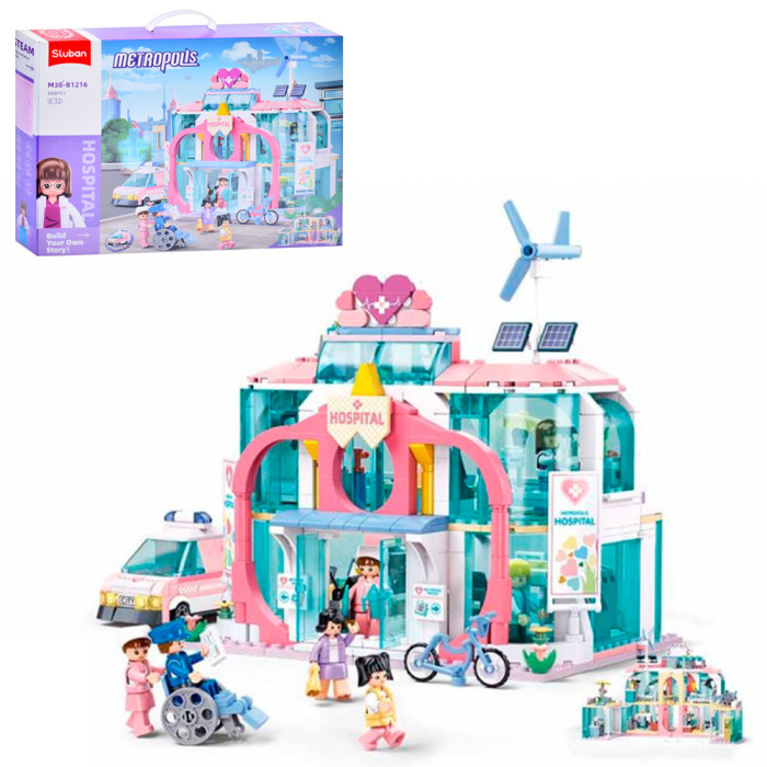 Конструктор SLUBAN рожева серія, лікарня, 38,3см, машина, фігурки, 668дет, в кор-ці, 52-38-8см /8/