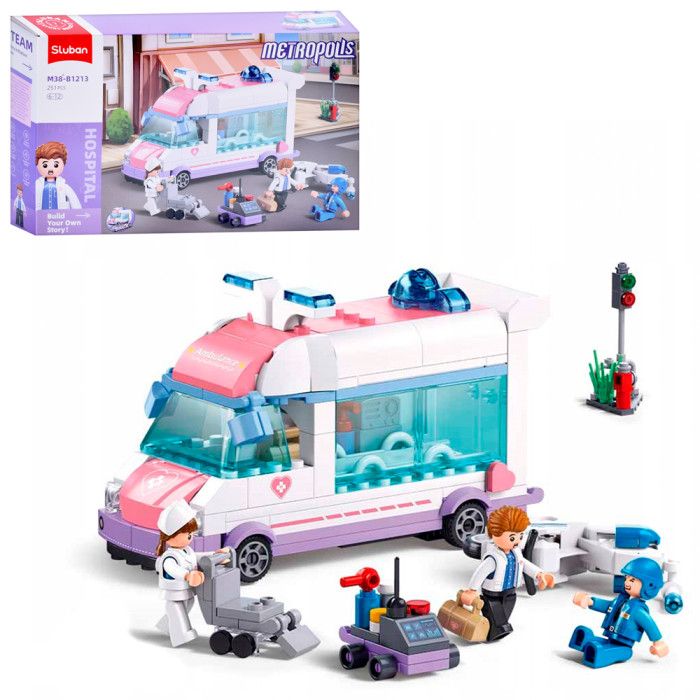 Конструктор SLUBAN рожева серія, швидка допомога, мотоцикл, фігурки,251дет, в кор-ці, 38-24-7см /16/