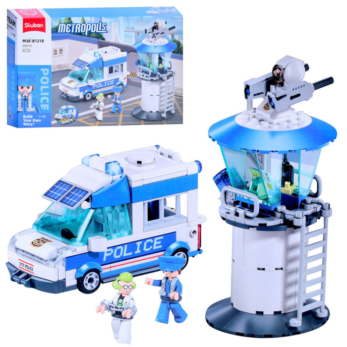 Конструктор SLUBAN поліція, вежа, машина 12см, фігурки, 245дет, в кор-ці, 38-24-7см /16/