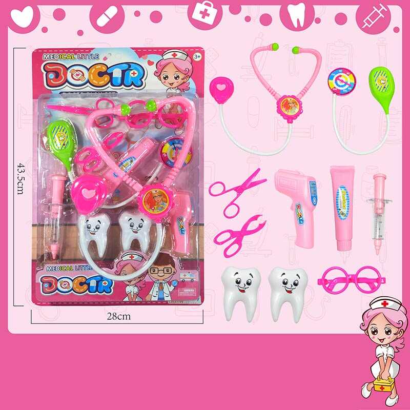 Набір лікаря стетоскоп, термометр, тонометр, шприц, ножиці, 2 зуби, тюбик пасти, окуляри, на листі  /72-2/