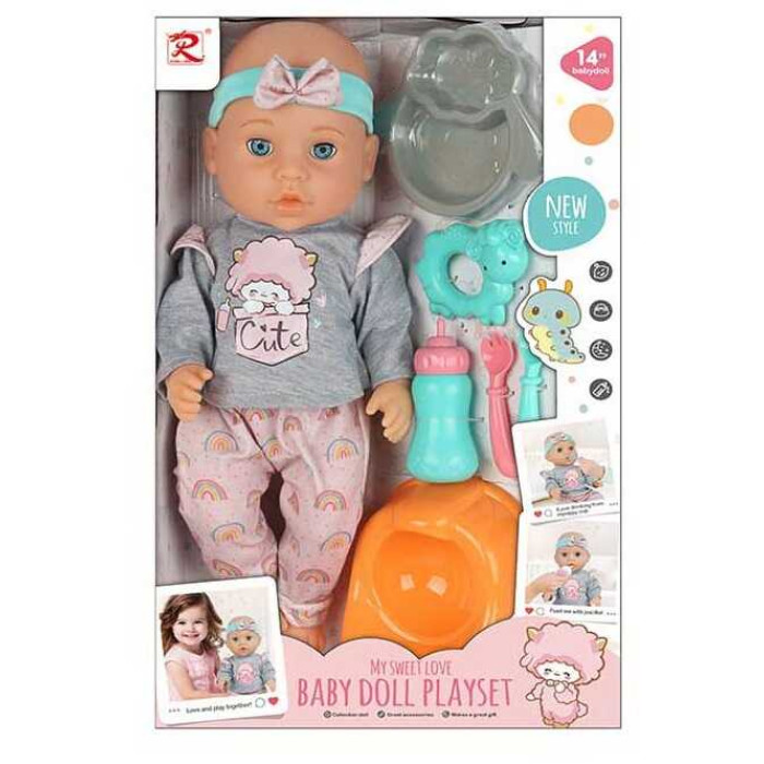 Пупс висота 35 см, закриваються очі, ходить на горщик, знімний одяг, пляшечка, виделка, ложка, тарілочка, іграшка, горщик, в кор. /24/