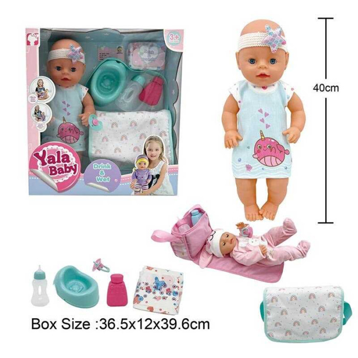 Пупс заплющує очі, п’є з пляшки, ходить на горщик, аксесуари, висота 40 см, сумка, в кор. /12/