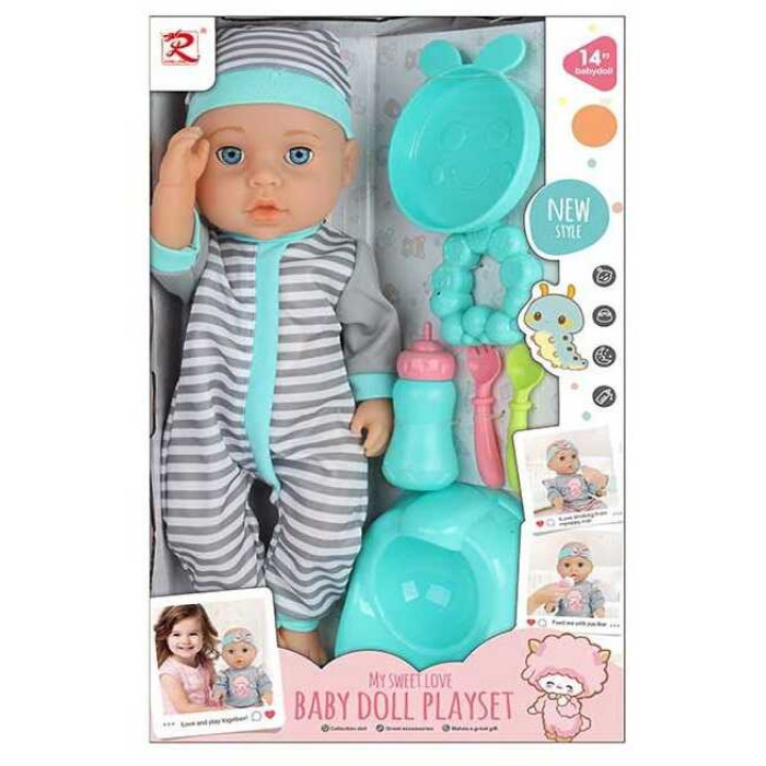Пупс висота 35 см, закриваються очі, ходить на горщик, знімний одяг, пляшечка, виделка, ложка, тарілочка, іграшка, горщик, в кор. /24/