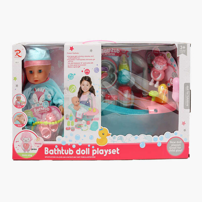 Пупс висота 30 см, гумова голова, п’є, ходить на горщик, світло, мелодія, ванна довжиною 40 см, помпова подача води, пляшечка, горщик, качечка, в кор. /6/