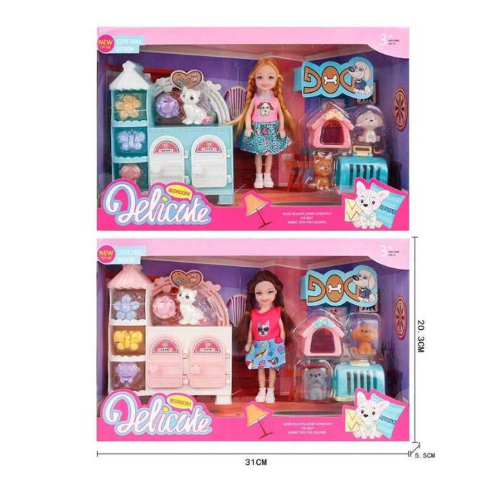 Лялька 2 види, 3 улюбленці, будка, переноска, висота ляльки 14см, тумба, двері відчиняються, заколки, в кор. /96-2/