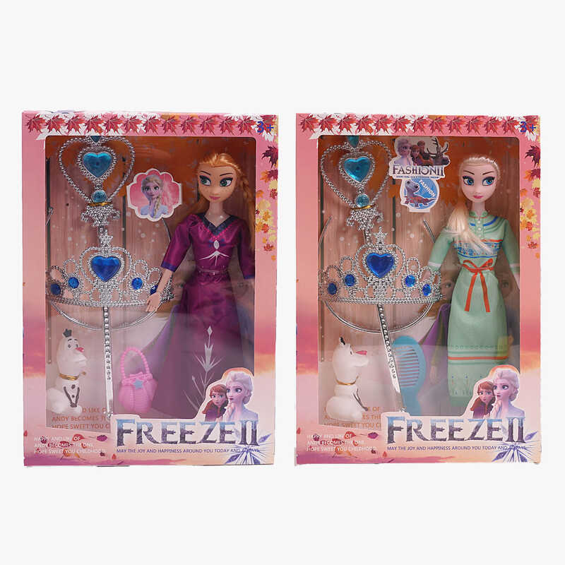 Лялька 2 види, висота 28 см, гумова голова, шарнірні суглоби на руках, гумова фігурка героя, корона, чарівна паличка, сумочка, в кор. /96-2/