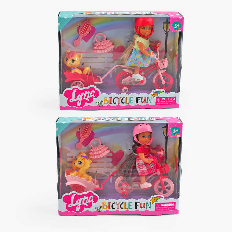 Лялька 2 види, 12 см, знімне взуття, шолом, велосипед, улюбленець, гребінець, аксесуар, в кор. /72-2/