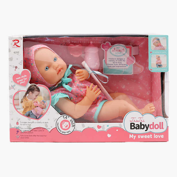 Пупс гумовий, висота 33 см, рухливі кінцівки та голова, знімний одяг, пустушка, пляшечка, в кор. /24/