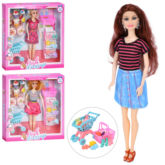 Лялька 30см, шарнірні руки, возик, корзина, солодощі, взуття, заколки, мікс видів, в кор-ці, 30-33-5,5см /60/