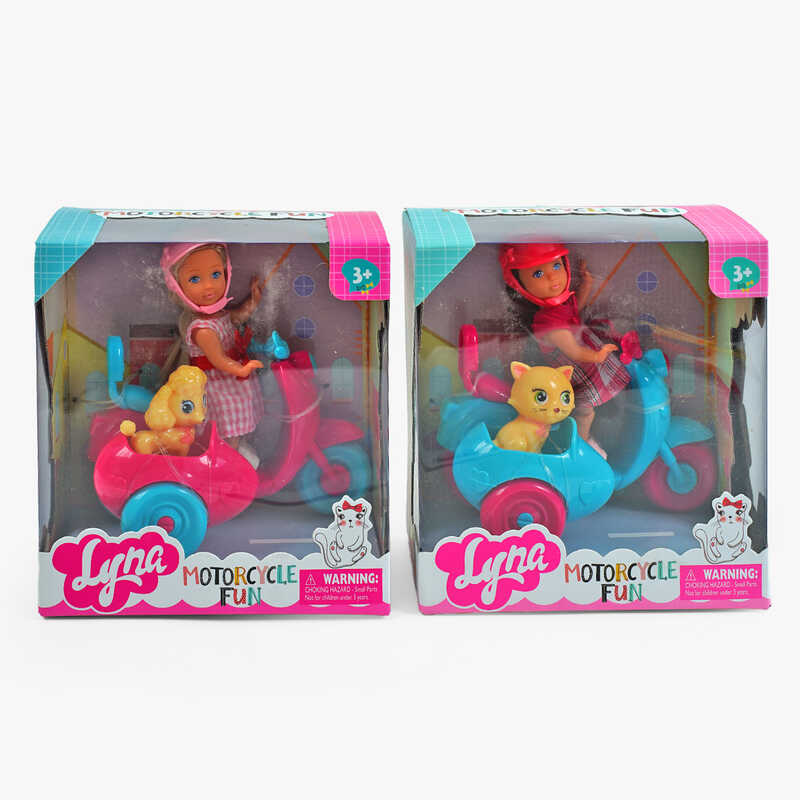 Лялька 2 види, 12 см, знімне взуття, шолом, мотоцикл, улюбленець, в кор. /48-2/
