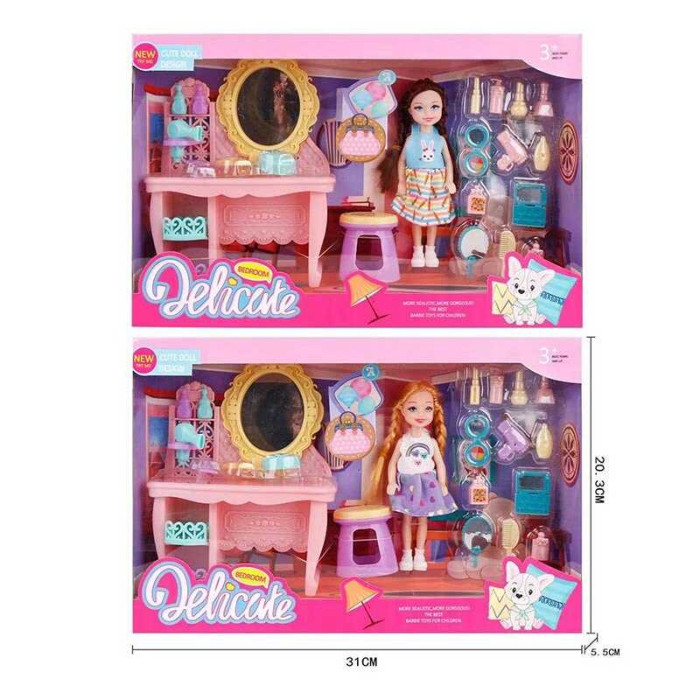 Лялька 2 види, трюмо з дзеркалом, стільчик, палетка, парфуми, висота ляльки 14см, в кор. /96-2/