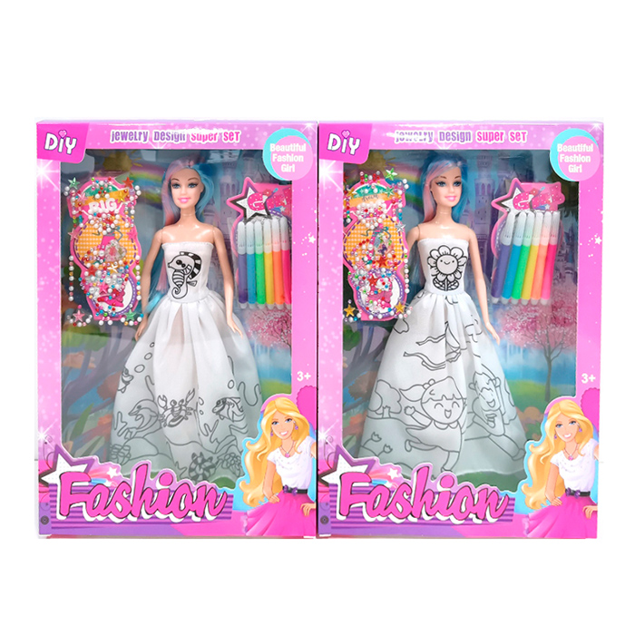 Лялька 29см, плаття-розмальовка, фломастери, стрази-наліпки, 2 види, в кор-ці, 23-33-5см /60/