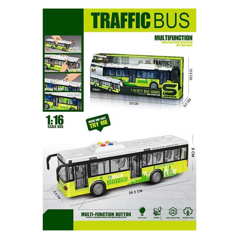 Автобус звук, підсвітка, механічне відкриття дверей, масштаб 1:16, гумові колеса, інерція, в кор. /48/