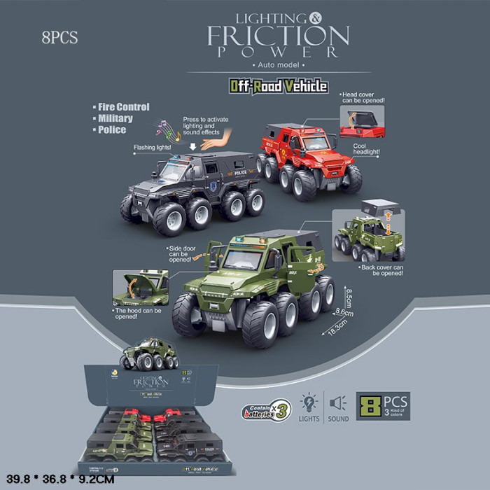 Всюдихід 8-коліс.7755 інерц.батар.муз.світ.відкр.дв.3в./10/80/8шт в кор.39,8*9,2*36,8 см