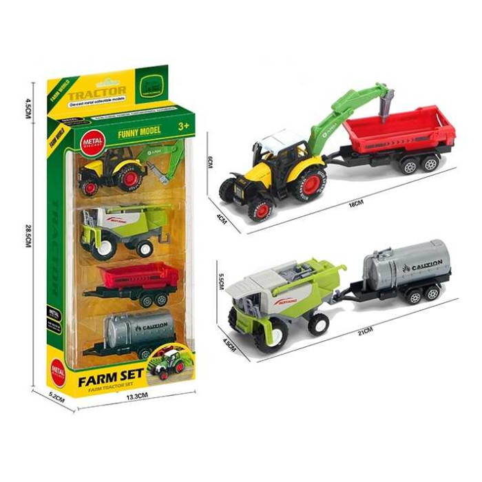 Набір спецтехніки металопластик, трактор+комбайн, навісне обладнання, 2 знімні причепи, в кор. /96-2/