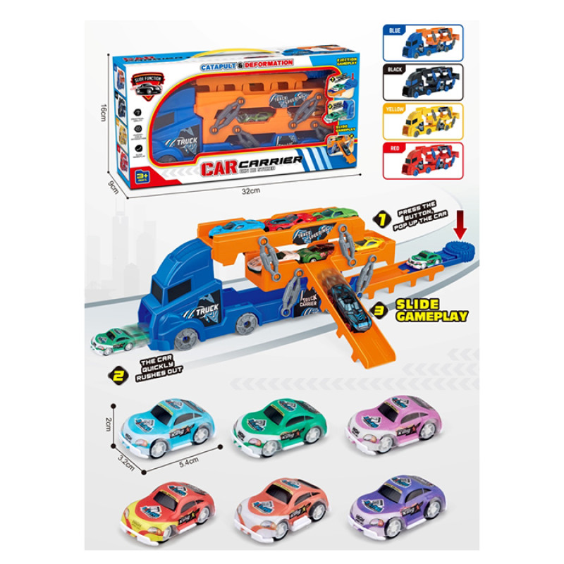 Трейлер 2в1(трек, на запуску), 29см, машинки 6шт (6,5см, інерц, метал), 4 кольори, в кор-ці, 32-16-9см /30/