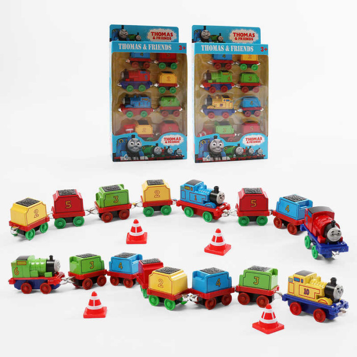 Набір потягів металопластик, магнітне з'єднання, 2 локомотиви, 6 вагончиків, 2 конуси, в кор. /120-2/