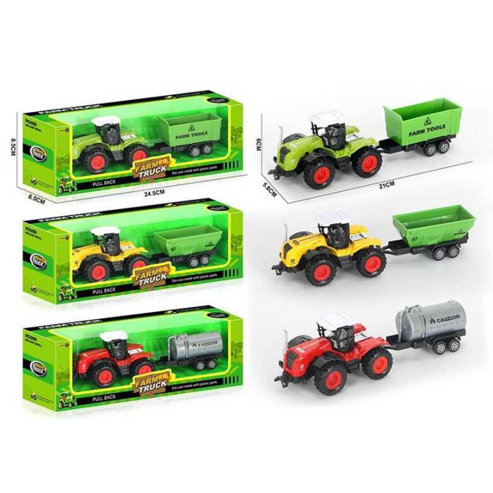 Трактор 3 види, причіп, розмір: 21х5.8х6 см, металопластик, інерція, в кор.,  МІКС ВИДІВ /144-2/