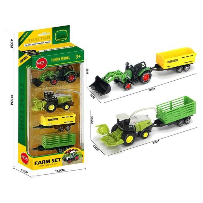 Набір спецтехніки металопластик, трактор+комбайн, навісне обладнання, 2 знімні причепи, в кор.  /96-2/