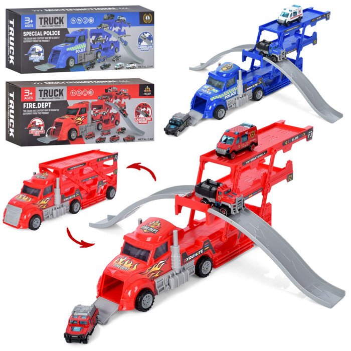 Трейлер 31см, машинки (мет) 7см 3шт, 2 види (поліц,пожеж), в кор-ці 34-13-8,5см /18/