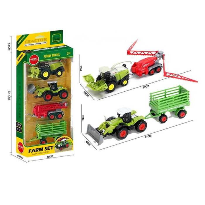 Набір спецтехніки металопластик, трактор+комбайн, навісне обладнання, 2 знімні причепи, в кор.  /48-2/