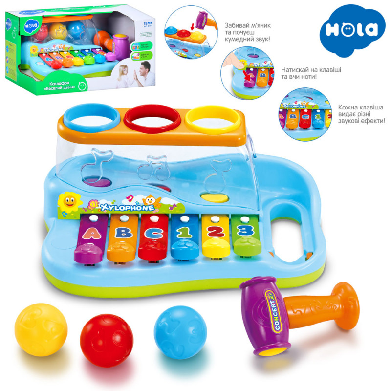 Гра 26см, ксилофон-6 тонів, логіка, стукалка, кульки 3шт, молоток, в кор-ці, 28-18,5-14,5см /18/