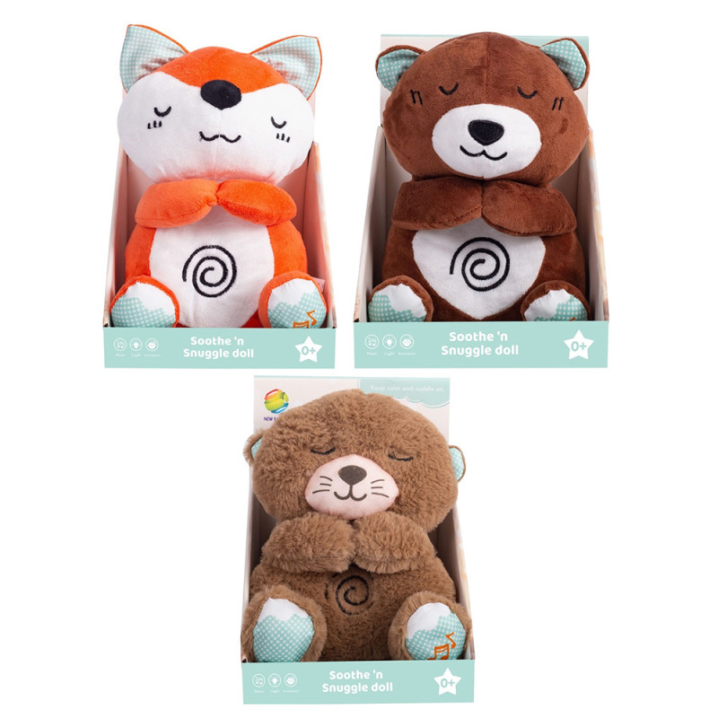 Нічник тварина, 24-15-10см, плюш, світло, музика, рухливий живіт, 3 види(лисичка, ведмедик, видра), на бат-ці, в кор-ці/пакет, 17,5-23,5-146,5см /24/