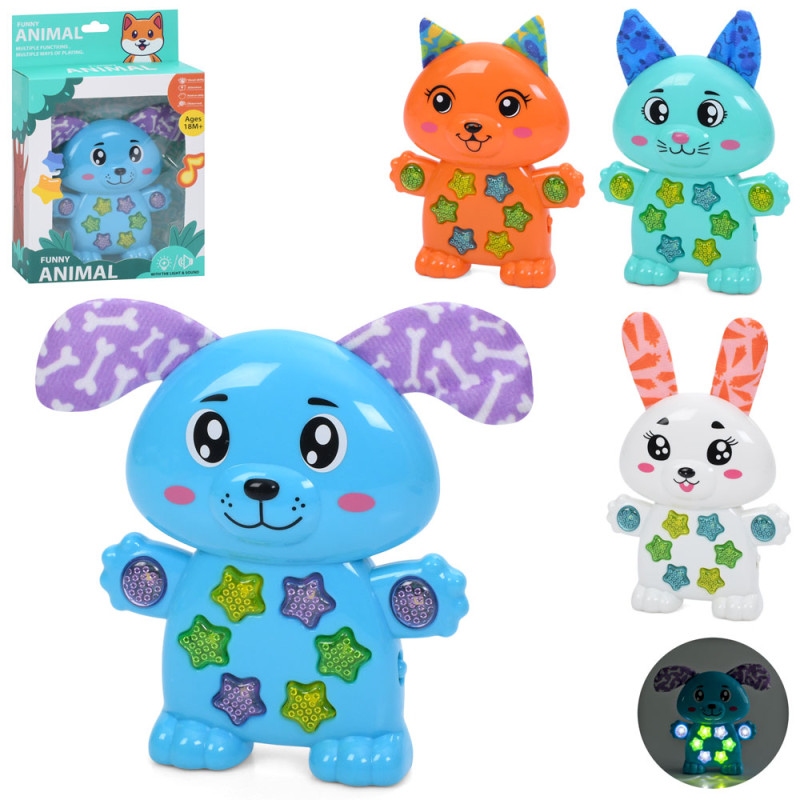 Гра тварина, 14см, музика, звук(англ), світло, вушка шуршать, 2 режими гучності, 4 види, на бат-ці, в кор-ці, 16-25-5см /48/