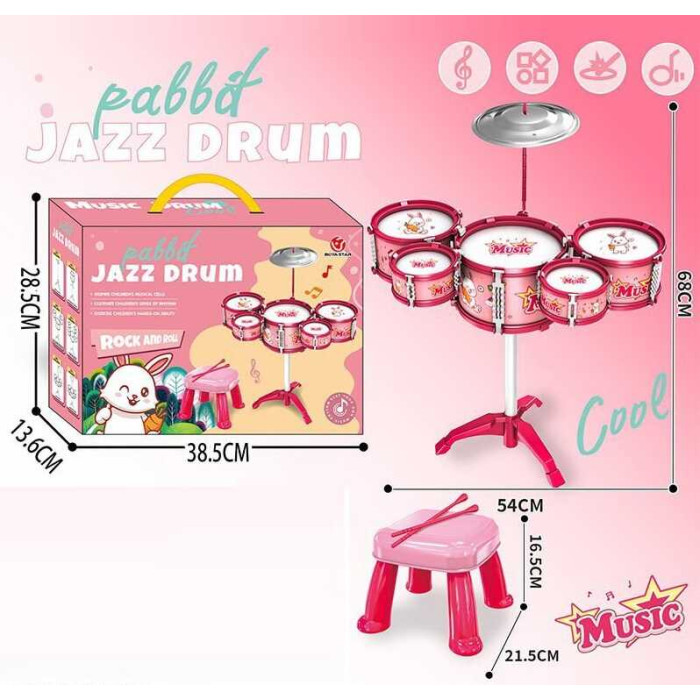 Барабанна установка розмір 54х68 см, стільчик, 5 барабанів, 1 металева тарілка, 2 палички, в кор. /24/