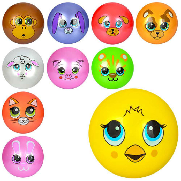 Мяч детский 9 дюймов, одностикерный, ПВХ, 60-65г, 10видов (мордочки животных) /120/