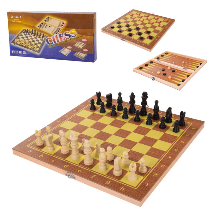 Шахматы 3 в 1, шахматы,шашки,нарды,в кор. – 24.5*3*13см, р-р поля – 24*23.5*1.5см /60-2/